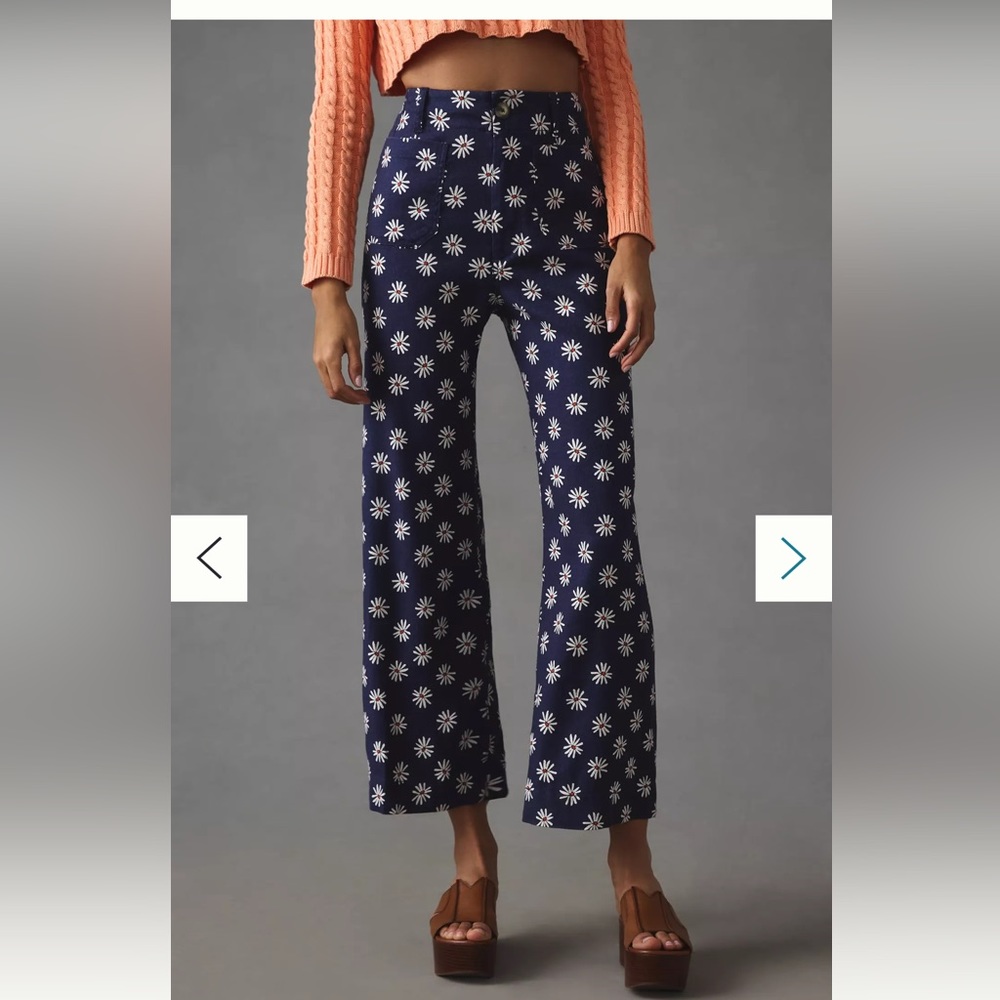 Anthropologie Navy Wide-Leg Daisy Print Pants